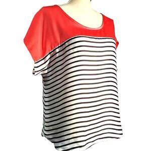 Boston Proper Coral & Black White Stripe Silky Top Size 6 Light Classic Chic
